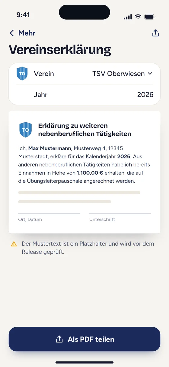 Eine Vereinserklärung als PDF-Vorschau