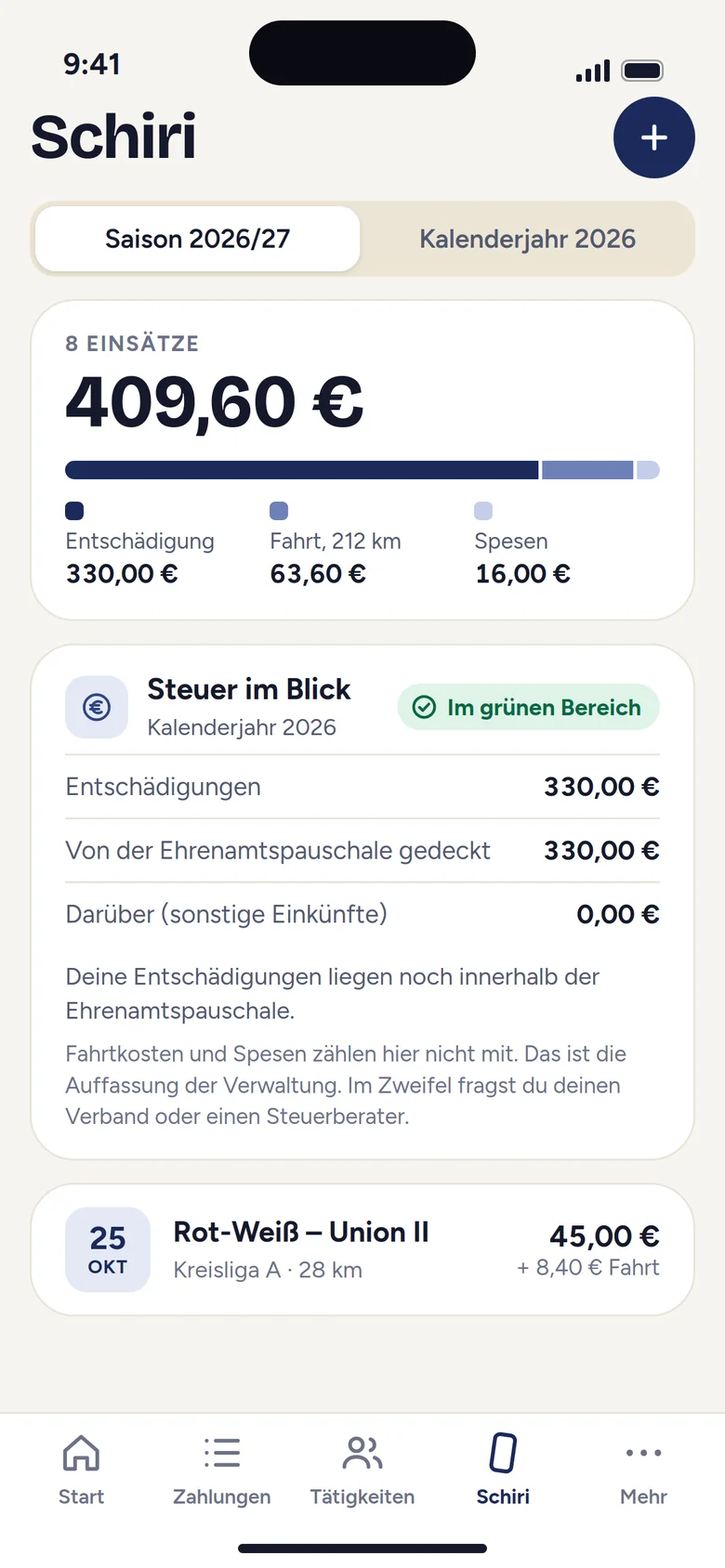 Der Schiri-Modus mit Summen, der Karte Steuer im Blick und den Einsätzen
